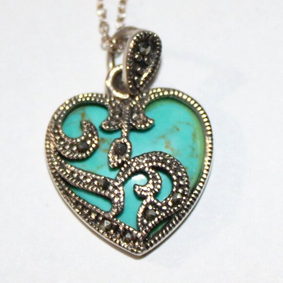Jewelry - Sterling Silver Faux Turquoise & Marcasite Heart Necklace